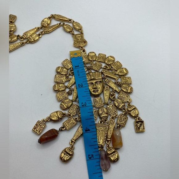Vtg Goldette Nefertiti Egyptian Gold Tone Medallion w Stones 17” + 7” Drop Rare - Picture 8 of 9